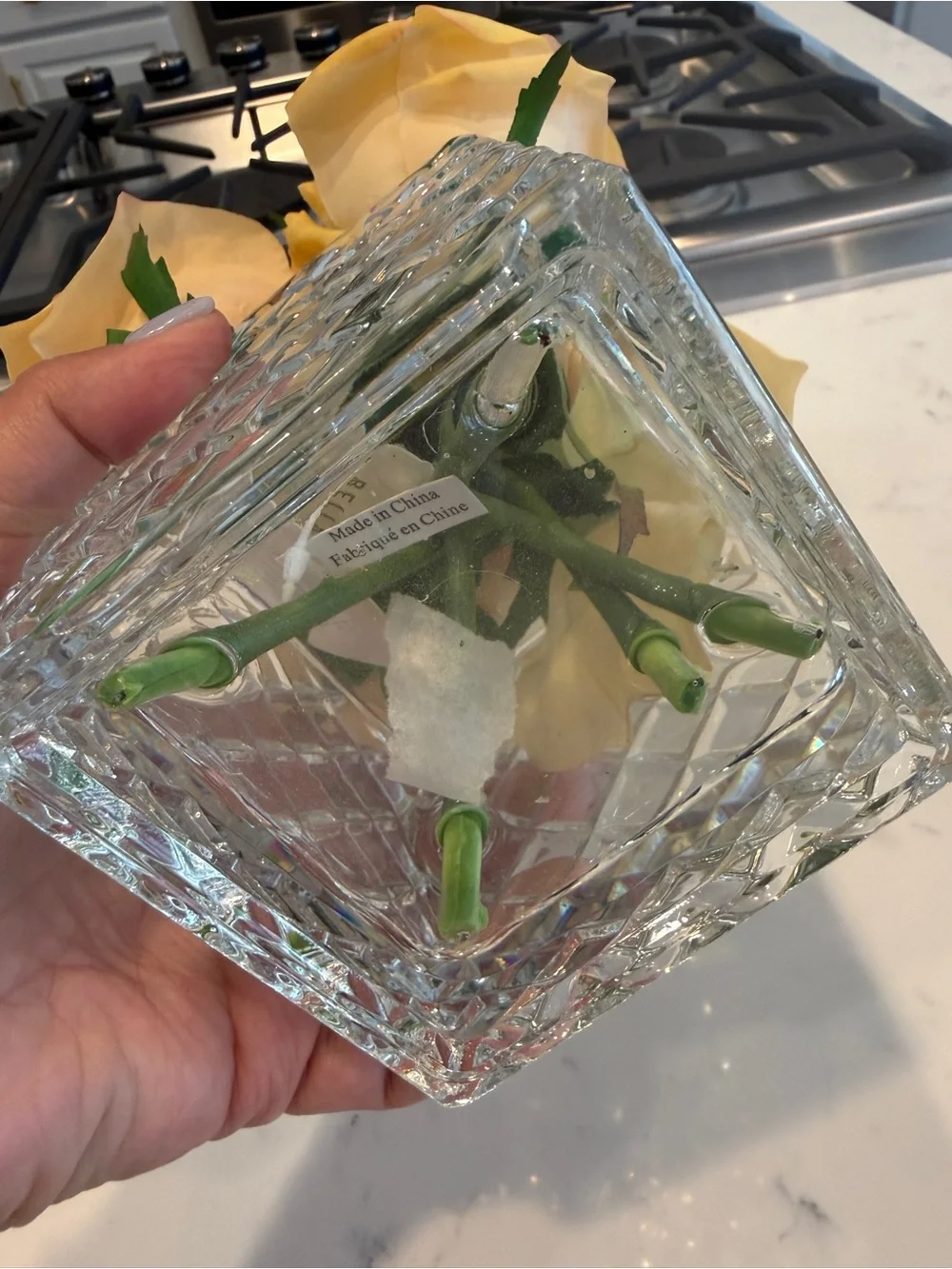 Ella Lux Real Touch Yellow Rose Floral Arrangement Glass Cube Vase Faux Flowers